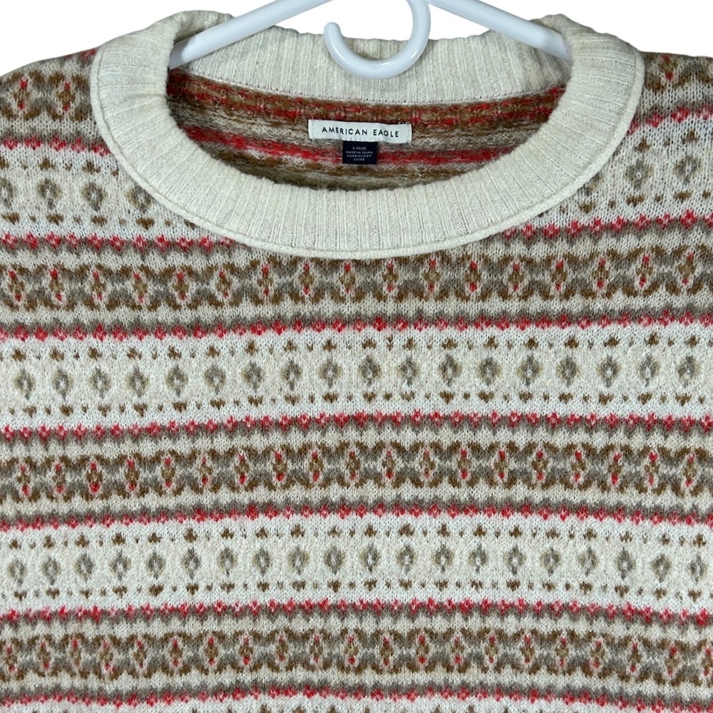 American Eagle Fair Isle Crewneck Sweater Cream Brown Red Super Soft Mens Large